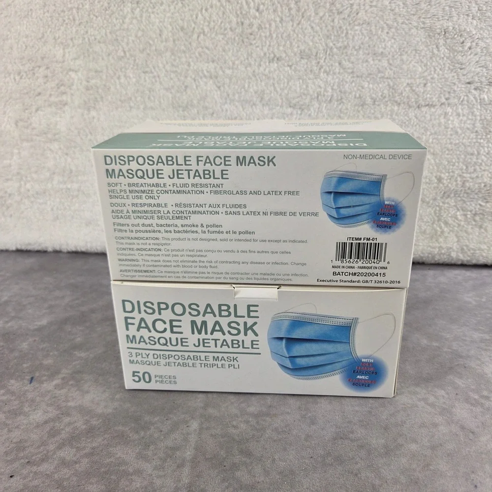 2 Pack Disposable Face Mask 3 Ply Blue 50 Count Each FM-01 Total 100 Masks